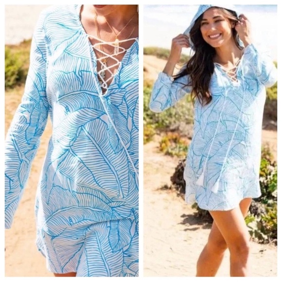 Charlie Holiday Coco Beachy Tropical Leaf Print Hooded Swim Cover-up Tunic Dress - Picture 1 of 15